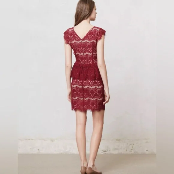 Anthropologie Elsa Peplum Dress Burgundy Lace Size SMALL - Picture 4 of 12